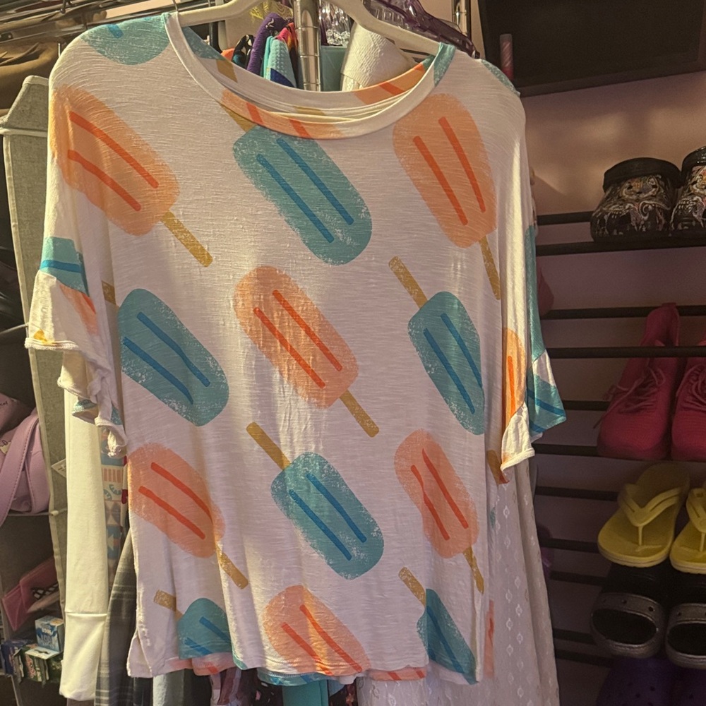 LuLaRoe White Blouse with Orange and Blue Popsicle Print